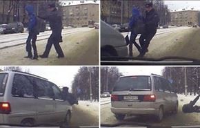شاهد شرطي يحمي صبياً من سيارة مسرعة بجسده