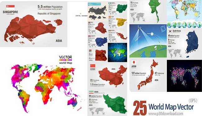 دانلود تصاویر وکتور نقشه های متنوع جهان - World Map Vector