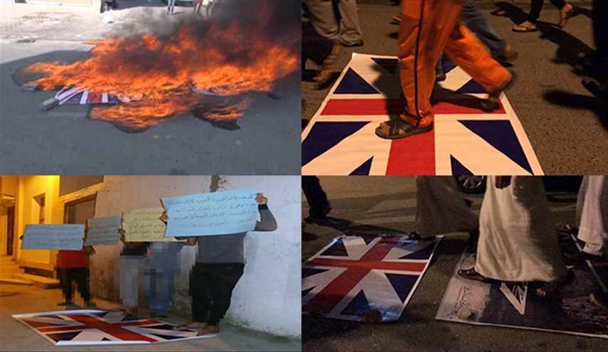 بالصور؛ محتجون يحرقون علم بريطانيا رفضا لزيارة ماي للبحرين